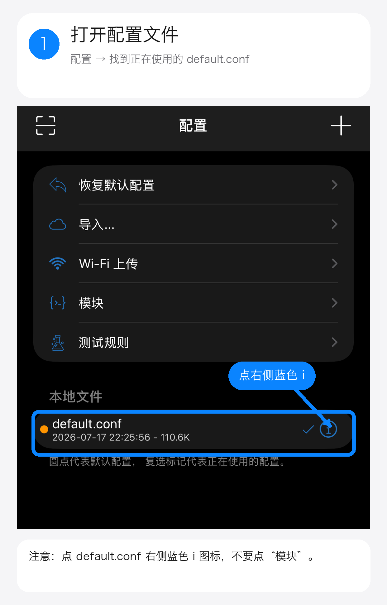 在 Shadowrocket 配置页点击 default.conf 右侧蓝色信息图标